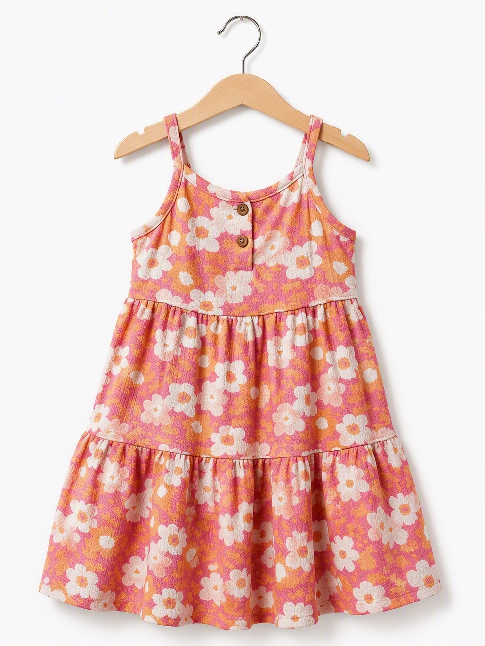 Rococo Girls Retro Floral Crinkle Gauze Tiered Cami Sun Dress 3-4T Pink Orange